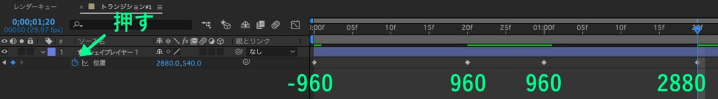 After Effectsのチュートリアル「トランジション1」の位置にキーフレームを打つ